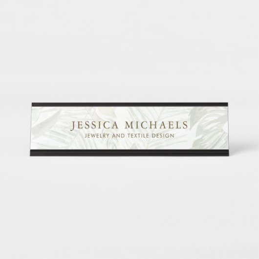 Moderne groene en witte palmbladprint bureau naambordje (Voorkant)