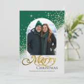 Moderne groene en witte sprankelende kerstfoto feestdagenkaart (Staand voorkant)