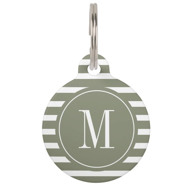 Moderne Groene en Witte Streep met Monogram Huisdierpenning (Voorkant)