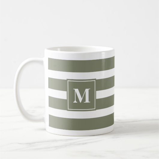 Moderne Groene en Witte Streep met Monogram Koffiemok (Links)