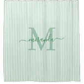Moderne groene en witte strepen monogram naam douchegordijn (Voorkant)