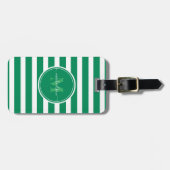 Moderne groene en witte stripes monogram naam bagagelabel (Voorkant horizontaal)