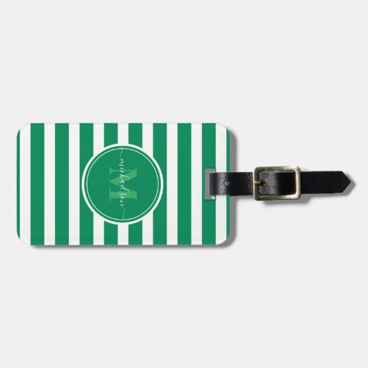 Moderne groene en witte stripes monogram naam bagagelabel (Voorkant horizontaal)