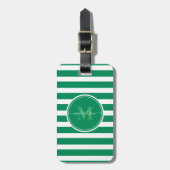 Moderne groene en witte stripes monogram naam bagagelabel (Voorkant verticaal)