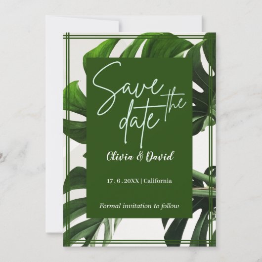 Moderne Groene en Witte Tropische Save the Date Kaart (Voorkant)