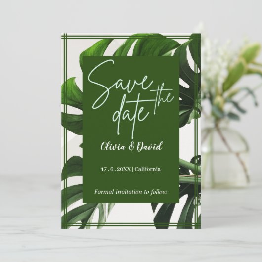 Moderne Groene en Witte Tropische Save the Date Kaart (Staand voorkant)