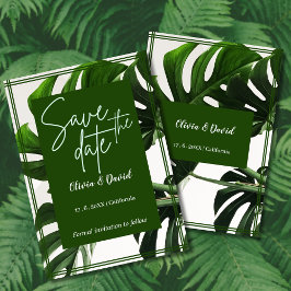 Moderne groene en witte tropische 'save the date' kaart