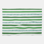 Moderne groene en zilveren glitterstripes theedoek (Horizontaal)