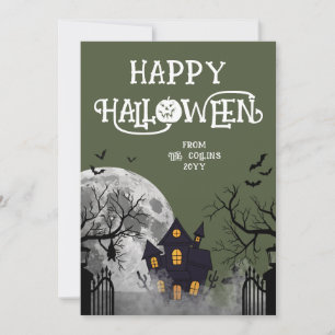 Moderne groene enge spookhuis gelukkige Halloween Feestdagenkaart