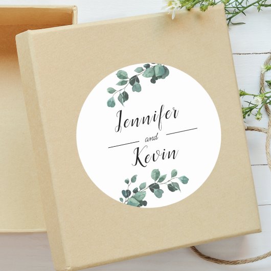 Moderne groene eucalyptus aangepaste trouw- ronde sticker