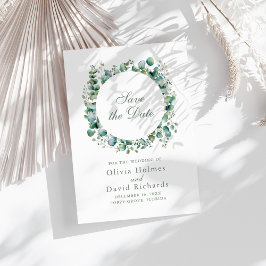 Moderne groene eucalyptus botanische bruiloft save the date