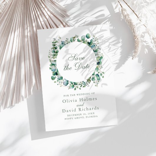 Moderne groene eucalyptus botanische bruiloft save the date