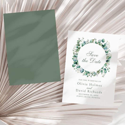 Moderne groene eucalyptus botanische bruiloft save the date