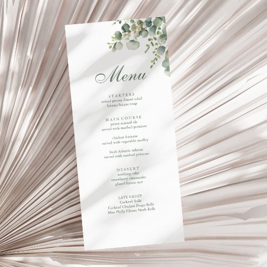 Moderne groene eucalyptus bruiloft menu