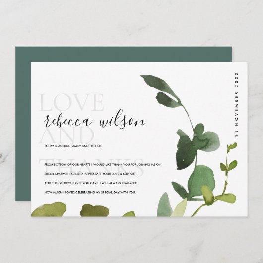 Moderne groene eucalyptus bruiloftsshower bedankkaart (Voorkant / Achterkant)