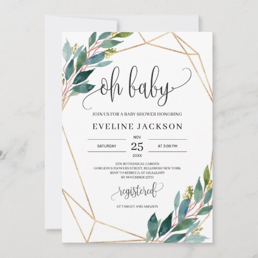 Moderne groene eucalyptus en goud oh baby kaart (Voorkant)