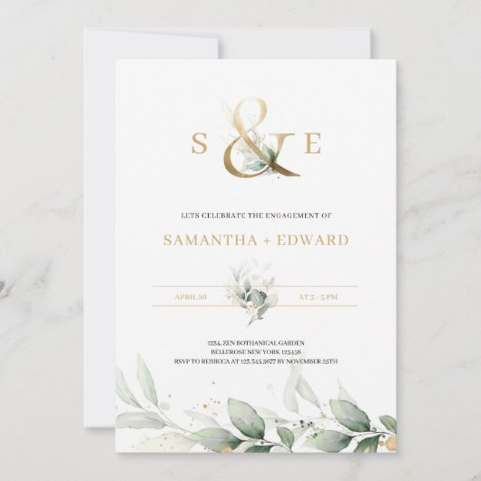 Moderne groene eucalyptus gold monogram kaart (Voorkant)