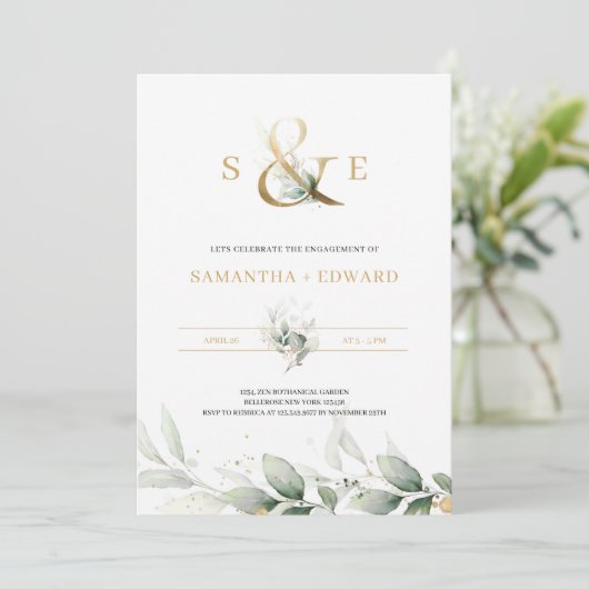 Moderne groene eucalyptus gold monogram kaart (Staand voorkant)