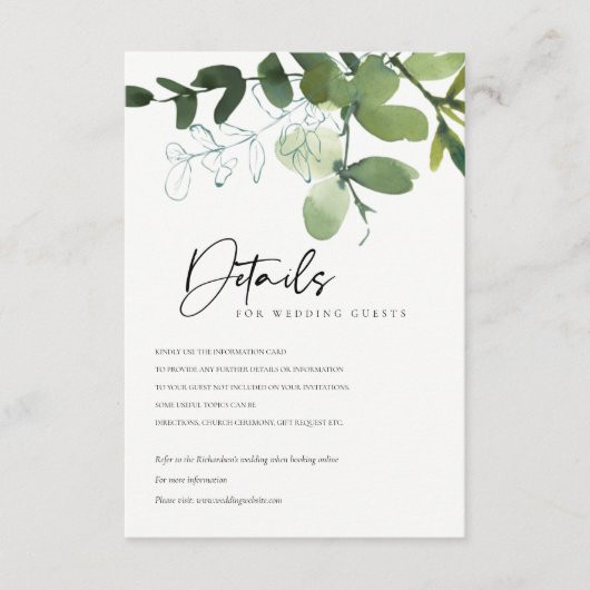 MODERNE GROENE EUCALYPTUS GROVE WEDDING - GEGEVENS INFORMATIEKAARTJE (Voorkant)
