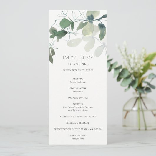 MODERNE GROENE EUCALYPTUS-LOOF WATERVERFPROGRAMMA MENU (Staand voorkant)
