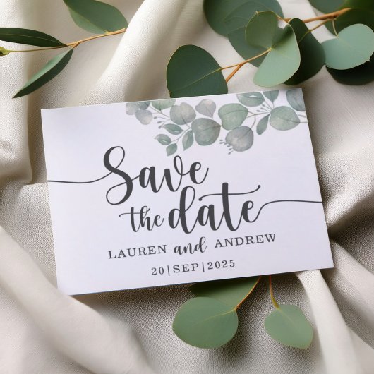 Moderne groene eucalyptus trouwkaart 'Save the Dat Briefkaart