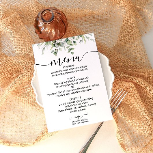 Moderne Groene Eucalyptus Trouwmenu Kaart
