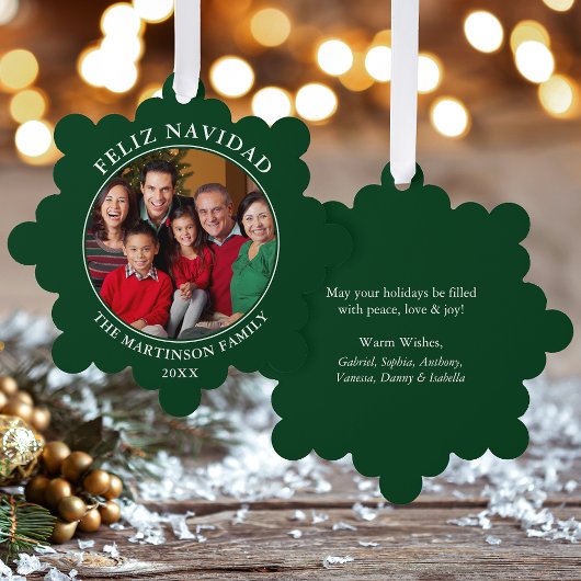 Moderne groene Feliz Navidad foto Ornament Kaart