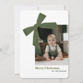 Moderne groene fluwelen strik foto kerstkaart (Voorkant)