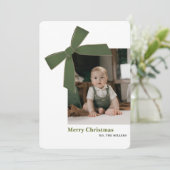 Moderne groene fluwelen strik foto kerstkaart (Staand voorkant)