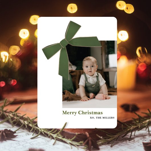 Moderne groene fluwelen strik foto kerstkaart