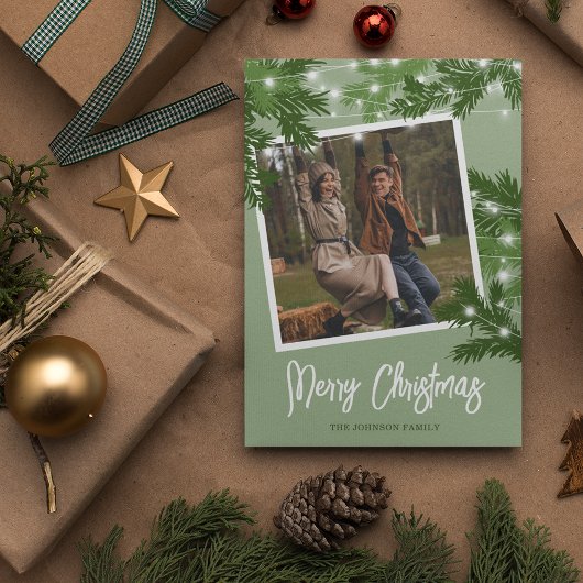 Moderne groene foto kerstgebladerte feestdagenkaart