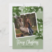 Moderne groene foto kerstgebladerte feestdagenkaart (Voorkant)