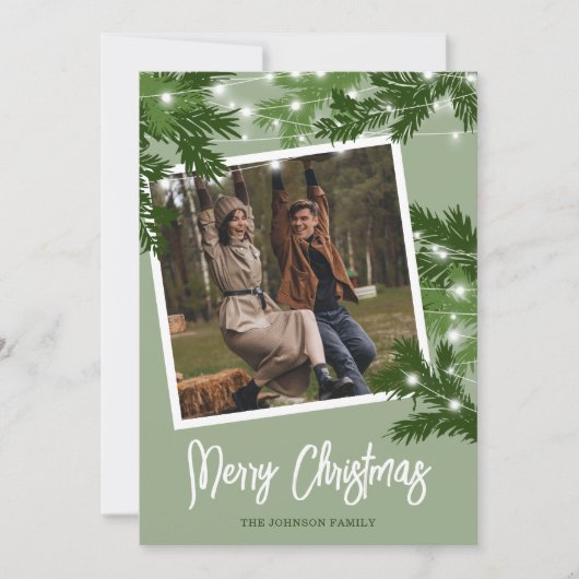 Moderne groene foto kerstgebladerte feestdagenkaart (Voorkant)