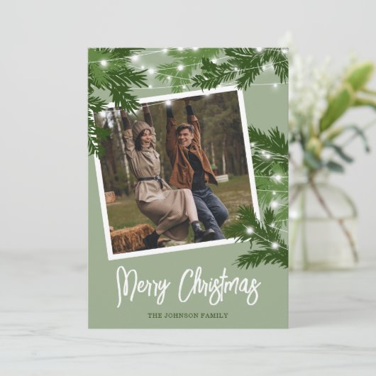 Moderne groene foto kerstgebladerte feestdagenkaart (Staand voorkant)