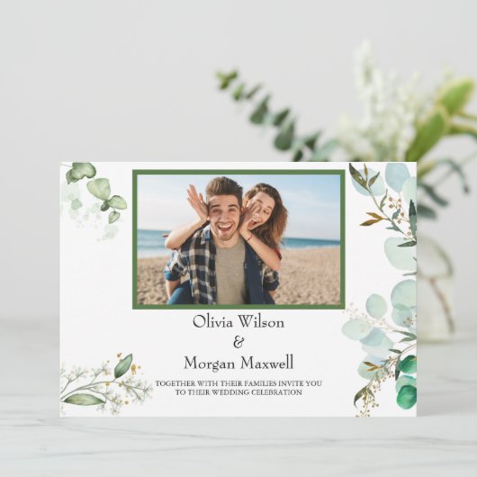 Moderne groene foto Save The Date uitnodiging (Staand voorkant)
