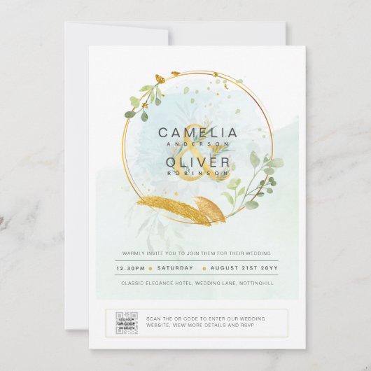 Moderne Groene FOTOBruiloft Uitnodiging QR CODE (Voorkant)