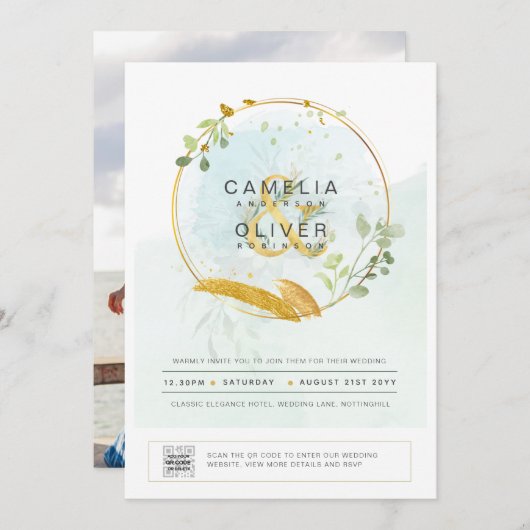 Moderne Groene FOTOBruiloft Uitnodiging QR CODE (Voorkant / Achterkant)