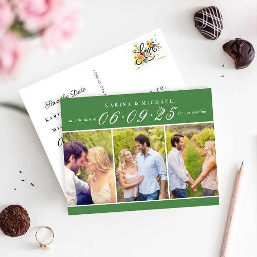 Moderne groene fotocollage save the date aankondigingskaart