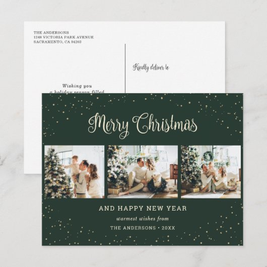 Moderne Groene Fotocollage Vrolijk Kerstfeest Feestdagenkaart (Voorkant / Achterkant)
