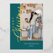 Moderne groene fotokerstgroet met goud folie feestdagenkaart (Voorkant)
