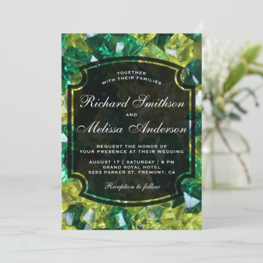 Moderne groene gele edelstenen trouwuitnodiging kaart (Staand voorkant)