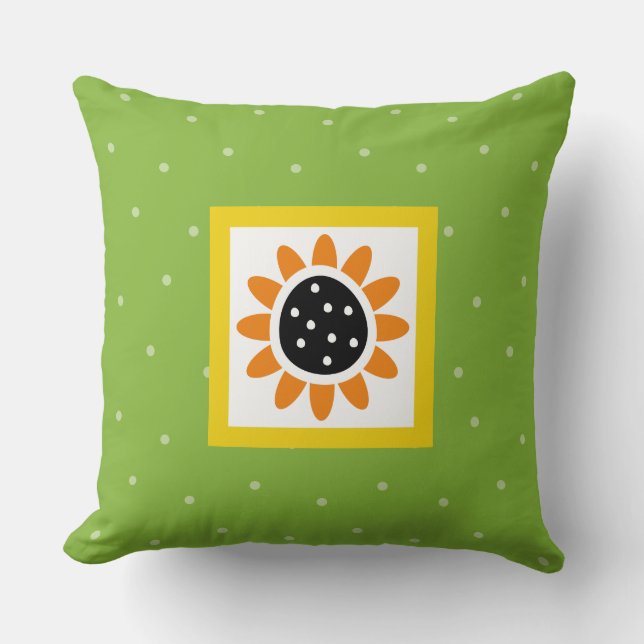 Moderne Groene Gele Zonnebloem Polka Dot Patroon Kussen (Voorkant)