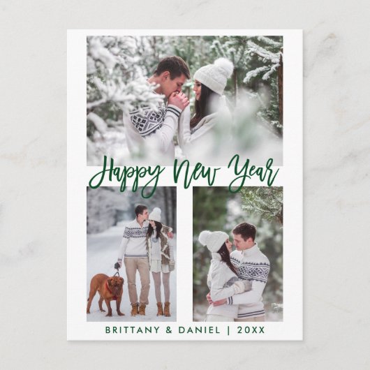 Moderne, groene, gelukkig nieuwjaars penseelscript briefkaart (Voorkant)