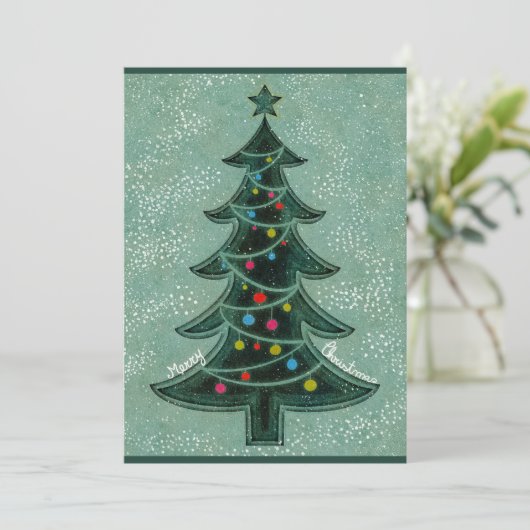 Moderne groene geometrische vrolijke kerstboom fot feestdagenkaart (Staand voorkant)