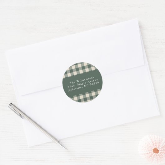 Moderne groene geruite kerst retouradres ronde sticker (Envelop)