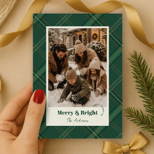 Moderne groene geruite kerstkaart met twee foto's