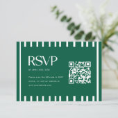 Moderne groene gestreepte afstudeerfeest QR-code RSVP Kaartje (Staand voorkant)