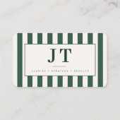Moderne groene gestreepte monogram visitekaartje (Achterkant)