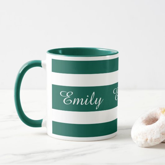 Moderne groene gestreepte patroon naam mok (Met donut)