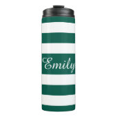 Moderne groene gestreepte scriptnaam thermosbeker (Voorkant)